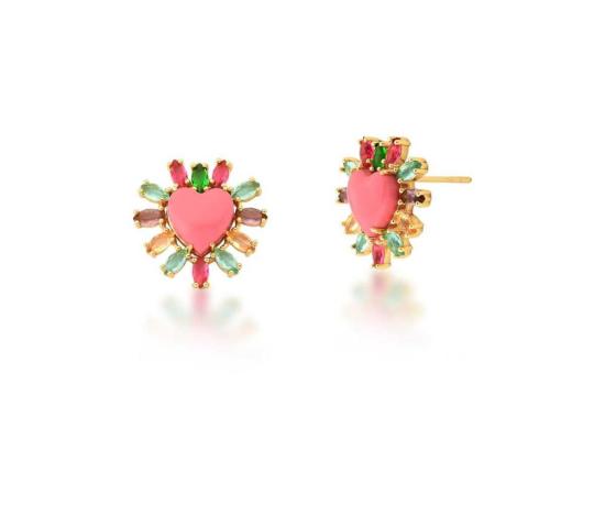 Brinco coração esmaltado rosa e zircônias Banhado a ouro