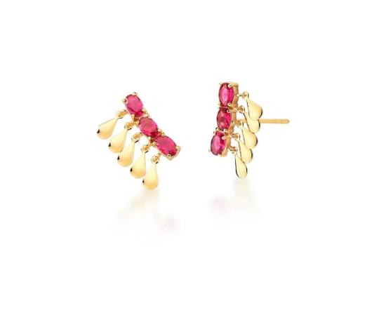 Brinco ear cuff pedras vermelhas Banhado a ouro