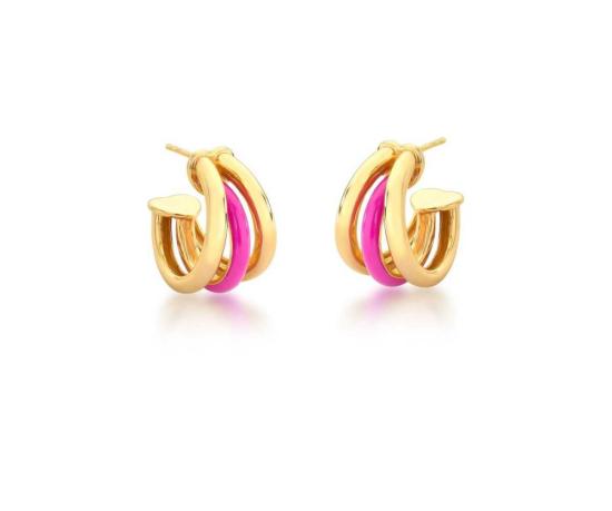 Brinco argola esmaltada rosa tripla Banhada a Ouro