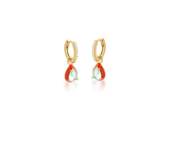 Brinco argola com gota azul esmaltado vermelho Banhado a ouro